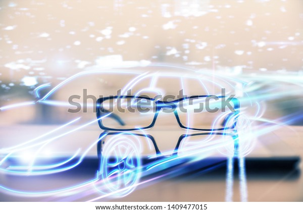 Automobile theme hologram with\
glasses on the table background. Autopilot concept. Double\
exposure.