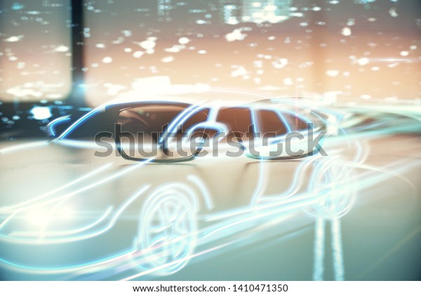 Automobile theme hologram with\
glasses on the table background. Autopilot concept. Double\
exposure.
