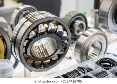 Automotive bearings. Spare parts for car on table. Industrial equipment. Metal bearings close-up. Spare parts for vehicle repair. Various bearings for industrial equipment. Manufacturing technologies - Powered by Shutterstock