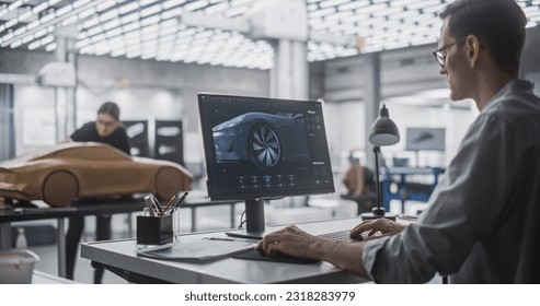 Automotive Designer and Modeler Working as a Team on Creating a Futuristic Car in a Studio. Engineer Working on Digital Render on Desktop Computer, Female Sculptor Creating 3D Clay Model - Powered by Shutterstock