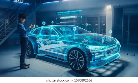 Automotive Engineer Uses Digital Tablet with Augmented Reality for Car Design Analysis and Improvement. 3D Graphics Visualization Shows Fully Developed Vehicle Prototype Analysed and Optimized