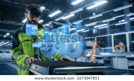 Automotive Factory Engineer Using Augmented Reality Headset in a Modern Facility with Automated Robotic Arms on an Assembly Plant. Specialist Ananlyzing and Manipulating a Virtual Gearbox Model