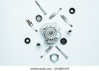 Automotive Parts. Set Of New Metal Car Part. Auto Motor Mechanic Spare Or Automotive Piece Isolated On White Background. Technology Of Mechanical Gear With Space For Text