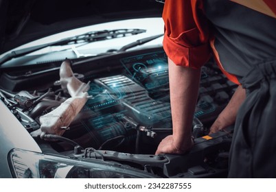 Automotive repair shop in the background of a futuristic virtual graphic touch user interface for the EV electric car technology industry concept. - Powered by Shutterstock