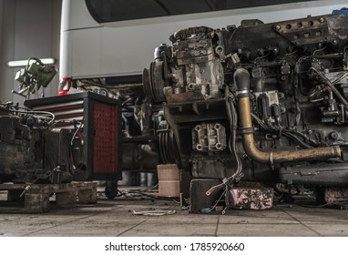 Automotive Services Coach Bus Diesel Engine Restoration. Rebuilding Powertrain. Transportation Industry Theme