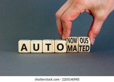 Autonomous Or Automated Vehicle Symbol. Businessman Turns Cubes And Changes Words Autonomous To Automated. Grey Background. Business Technology Autonomous Or Automated Vehicle Concept. Copy Space.