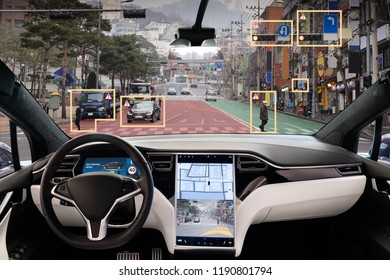 Autonomous car with HUD (Head Up Display). Self-driving vehicle on city street