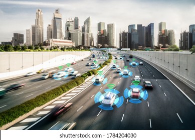 Autonomous car sensor system concept for safety of driverless mode car control . Future adaptive cruise control sensing nearby vehicle and pedestrian . Smart transportation technology .