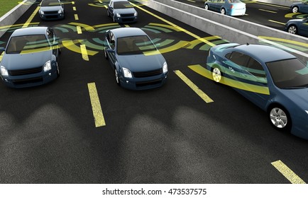 Autonomous Cars On A Road With Visible Connection