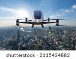 Autonomous driverless aerial vehicle flying on city background, Future transportation with 5G technology concept