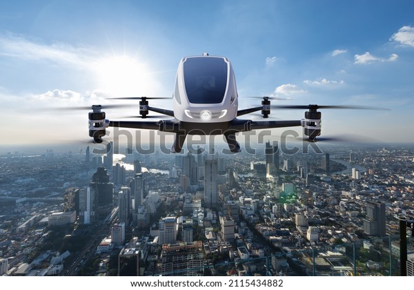 Autonomous\
driverless aerial vehicle flying on city background, Future\
transportation with 5G technology\
concept