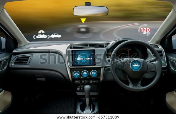 autonomous driving car and digital speedometer\
technology image\
visual