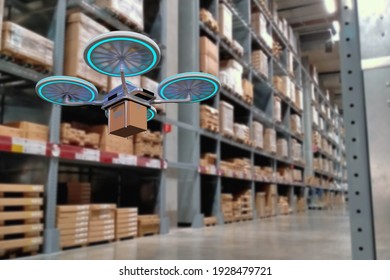 Autonomous Drone Robot Flying In Warehouse Transportation,with Artificial Intelligence Or AI,smart Automated Delivery Vehicle,modern Logistic And Shipping,concept Business Online And Industry 4.0