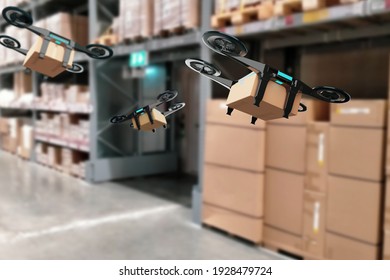 Autonomous Drone Robot Flying In Warehouse Transportation,with Artificial Intelligence Or AI,smart Automated Delivery Vehicle,modern Logistic And Shipping,concept Business Online And Industry 4.0