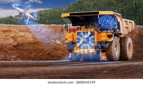 Autonomous dump truck with artificial intelligence autopilot, drone scanning and ai overlay for mining operations background and industrial monitoring on open pit mine.