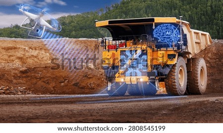 Autonomous dump truck with artificial intelligence autopilot, drone scanning and ai overlay for mining operations background and industrial monitoring on open pit mine.