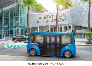 Autonomous Electric Bus Self Driving On Street, Smart Vehicle Technology Concept, 3d Render