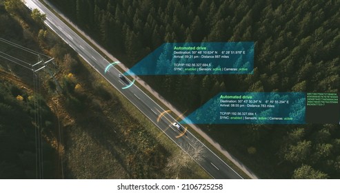 Autonomous Electric car driving on a forest highway with technology assistant tracking information, showing details. Visual effects clip