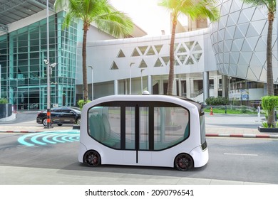 Autonomous Electric Shuttle Bus Self Driving On Street, Smart Vehicle Concept