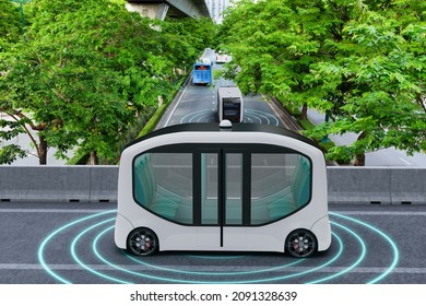 Autonomous Electric Shuttle Bus Self Driving Across City Green Road, Smart Vehicle Concept