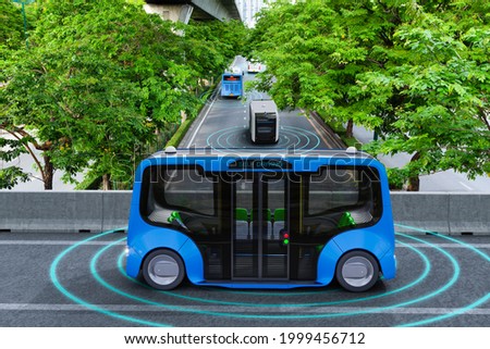 Autonomous electric shuttle bus self driving across city green road, Smart vehicle concept