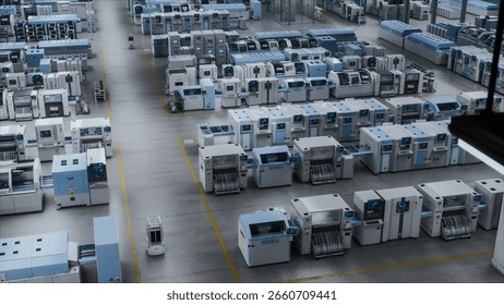 Autonomous Manufacturing of Computer Components Microchips in a Modern High-Tech Factory, Advanced Automatic Robots at Work. Industry 4.0 Innovations in Electronics Production. Establishing Shot