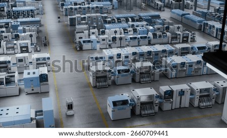 Autonomous Manufacturing of Computer Components Microchips in a Modern High-Tech Factory, Advanced Automatic Robots at Work. Industry 4.0 Innovations in Electronics Production. Establishing Shot