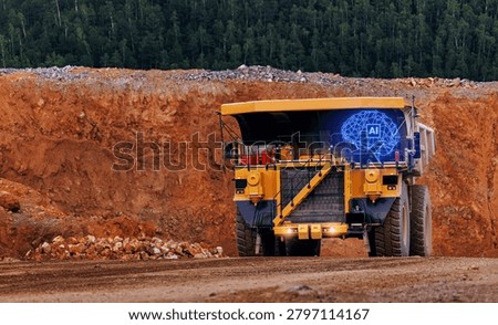 Autonomous mining dump truck with ai system visual overlay at open pit site, Concept intelligence ai assistant cloud for industrial work.