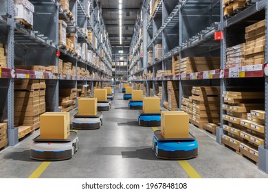 Autonomous robot delivery in warehouses with 5g wireless connection, Smart industry 4.0 concept - Shutterstock ID 1967848108