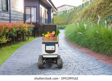 Autonomous Robots Deliver Food To Customers, Smart Artificial Intelligence Technology Concept