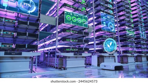Autonomous Robots Transporting Green Leafy Organic Vegetables at Vertical Farm. Futuristic AI Computer Vision Analyzing and Providing Visual Data in an Automated Warehouse with Hydroponics System