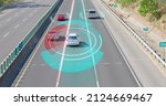 Autonomous Self Driving Car Moving Through highway - Animated Scanning Visualization Concept of Artificial Intelligence Digitalizes and Analyzes Road