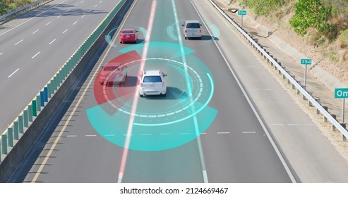 Autonomous Self Driving Car Moving Through highway - Animated Scanning Visualization Concept of Artificial Intelligence Digitalizes and Analyzes Road