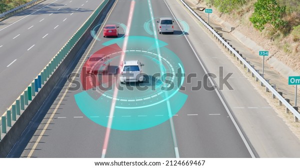 Autonomous Self Driving Car Moving Through\
highway - Animated Scanning Visualization Concept of Artificial\
Intelligence Digitalizes and Analyzes\
Road