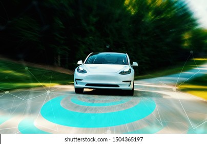 Autonomous Self Driving Car Technology Concept On A Rural Road