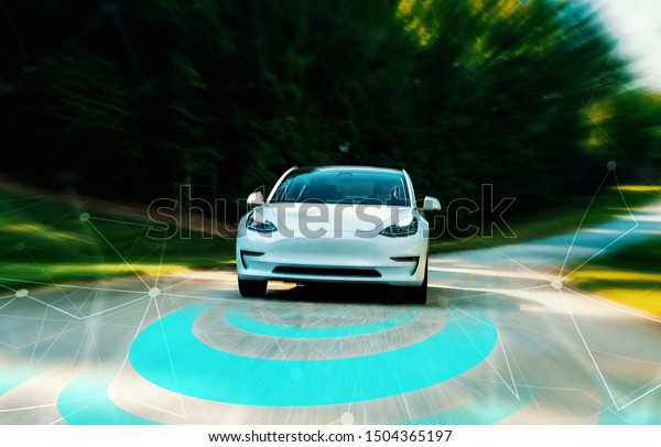 Autonomous self driving car technology concept on a\
rural road