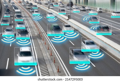 Autonomous Self Driving Cars Moving Through City. - Shutterstock ID 2147295003