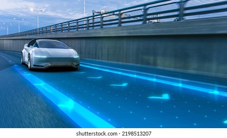 Autonomous Self-Driving 3D Car Moving Through City Highway. VFX Visualization Concept: AI Sensor Scanning Road Ahead for Vehicles, Danger, Speed Limits. Day Urban Driveway. Front Following View - Shutterstock ID 2198513207