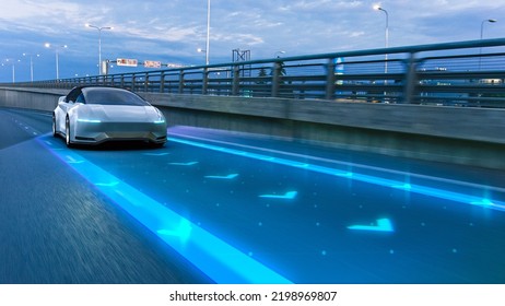 Autonomous Self-Driving 3D Car Moving Through City Highway. VFX Visualization Concept: Software Sensor Scanning Road Ahead for Vehicles, Danger, Speed Limits. Day Urban Driveway. Front Following View - Shutterstock ID 2198969807