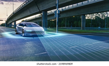 Autonomous Self-Driving 3D Car Moving Through City Highway. Visualization Concept: Sensor Scanning Road Ahead for Vehicles, Danger, Speed Limits. Day Urban Driveway. Front Following View