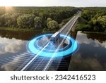 Autonomous semi-truck with a trailer, controlled by artificial intelligence, drives over a bridge over the river. Cargo delivery, transportation of the future. Artificial intelligence. Self driving.
