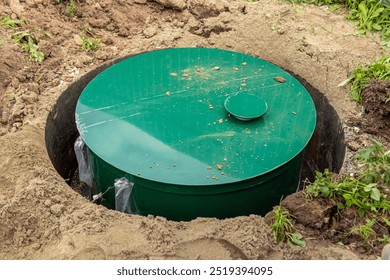 Autonomous sewerage system on plot in country house. Installation of a biological wastewater treatment system