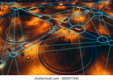 Autonomous transportation concept. Self-driving cars and trucks on city roads and transport junctions, iot with vehicles connected with internet, big data and each other - Powered by Shutterstock