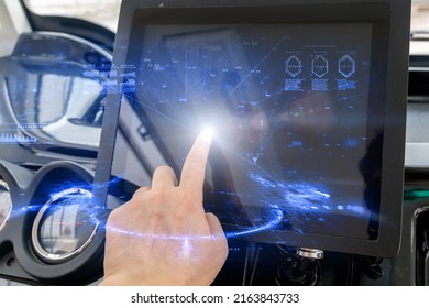 Autonomous Vehicle Interior With Hand Touching Screen And Auto Navigation System, Futuristic Style.