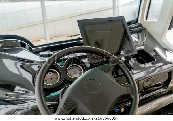 autonomous vehicle interior with touch screen and\
auto navigation\
system.