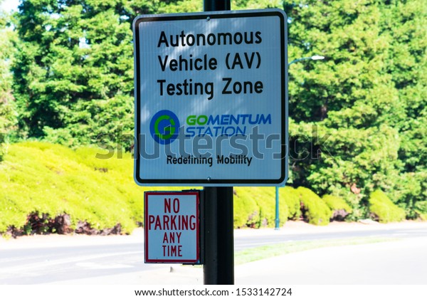 Autonomous vehicle testing zone sign. GoMentum\
Station is a testing ground for connected and autonomous vehicles -\
San Ramon, California, USA -\
2019
