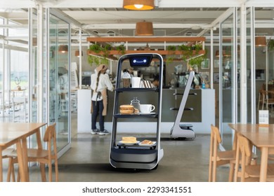 Autonomous waiter robot working in restaurant, Artificial intelligence 5G technology concept
