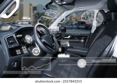 Autopilot system and other digital elements in modern car. Futuristic concept