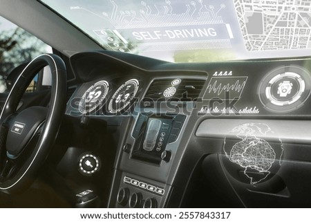 Autopilot system and other digital elements in modern car. Futuristic concept