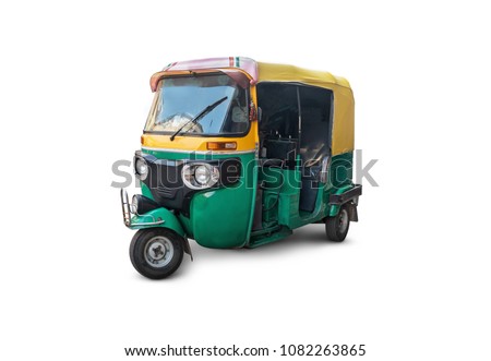 autorickshaw isolated on white background. Traditional vintage   Indian public transport. Tricycle vintage retro motorcycle 50-60 years of the 20th century